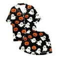 thumbnail image 7 of Xmyrz Pajama Sets For Women 2 Piece Outfits Silk Satin Short Sleeve Button Up Pumpkin Ghost Print Shorts Set Casual Halloween Sleepwear Pj Clothes Sets, 7 of 7
