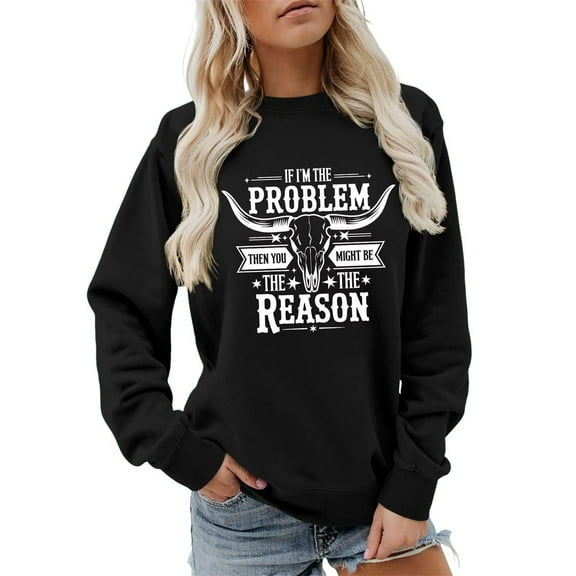 Womens Country Music Western Sweatshirts I'm The Problem Letter Print Cowgirl Pullover Vintage Cow Skull Top