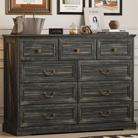IDEALSOUL 9 Drawer Dresser for Bedroom, Retro Wood Storage Cabinet with Vintage Metal Handles, Vintage Chest of Drawers with Solid Base for Living Room, Hallway, Entryway, Guest Room