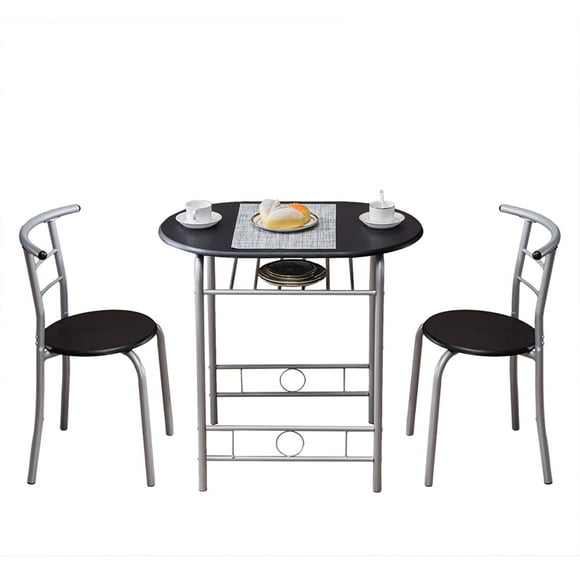 3 Piece Dining Table Set,Small Round Table for 2 with Wine Storage Rack and Metal Frame,Breakfast Nook Table Set for Home Bistro Pub Apartment Kitchen Dining Room Cafe, Black& Silver