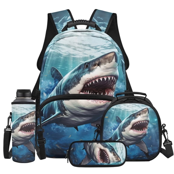 Yspwyqan White Shark Ocean School Backpack Set 4Pcs with Lunch Box Pencil Case Water Bottle Bag, 17 Inch Lightweight Bookbag Fits 13 Inch Laptop for Elementary Middle School