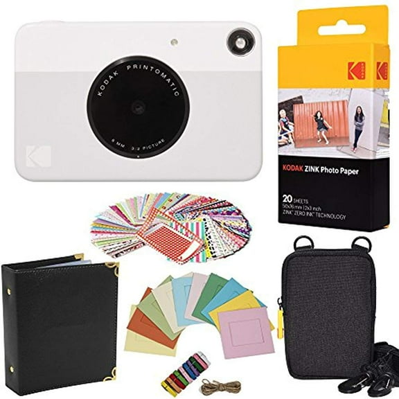 Kodak Printomatic Instant Camera (Grey) Gift Bundle ZINK Paper (20 Sheets) Case 100 Sticker Border Frames Hanging Frames Album