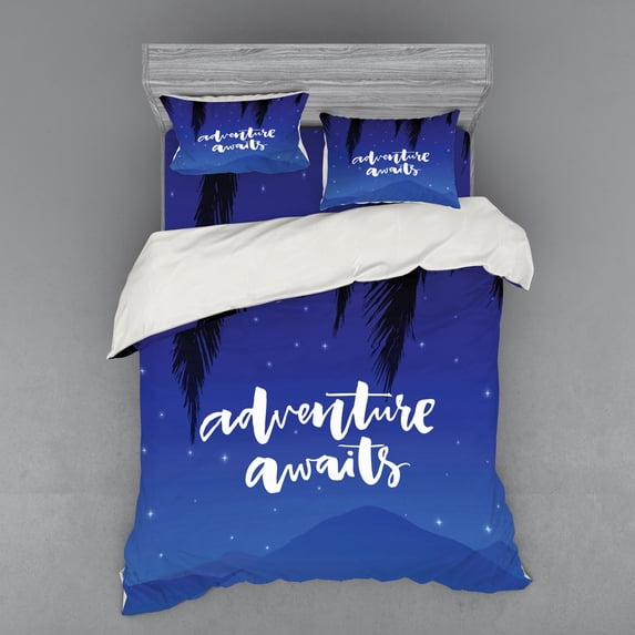 Ambesonne Saying Bedding Set 4 Pcs, Stars Night Sky Palms Art, Queen, Violet Blue and White