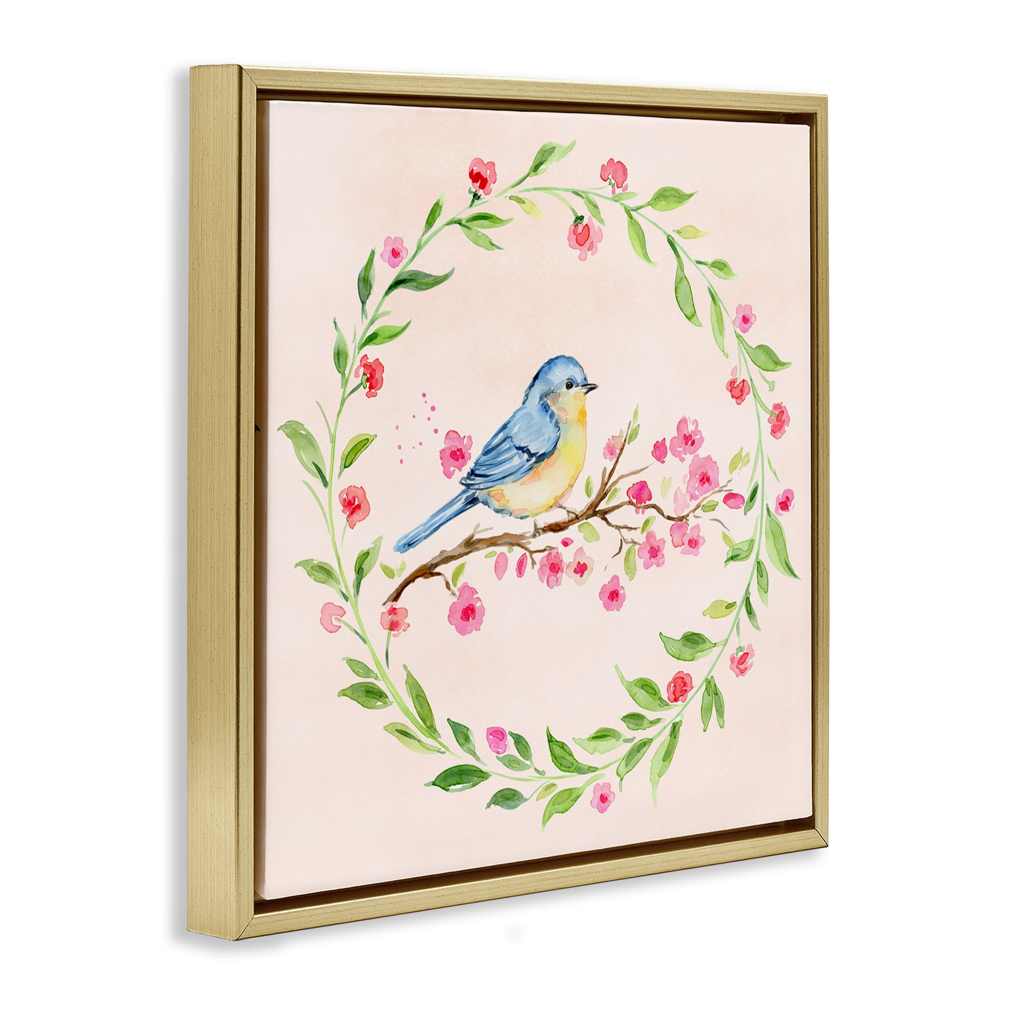 Spring Bird Wreath Perch Gold Framed Floater Canvas Wall Art, design by Elena Fay