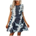 thumbnail image 1 of Puntoco Vestido De Manga Corta Con Cuello En V, Vestido De Verano Para Mujer, Cuello Redondo, Estampado Casual, Manga Corta, Vestido Con Volantes, Azul Marino M, 1 of 4