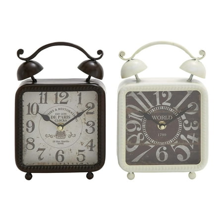- Decmode Set of 2 Traditional 9 X 6 Inch Distressed Iron Alarm Style Square Desk Clocks, Black, white
