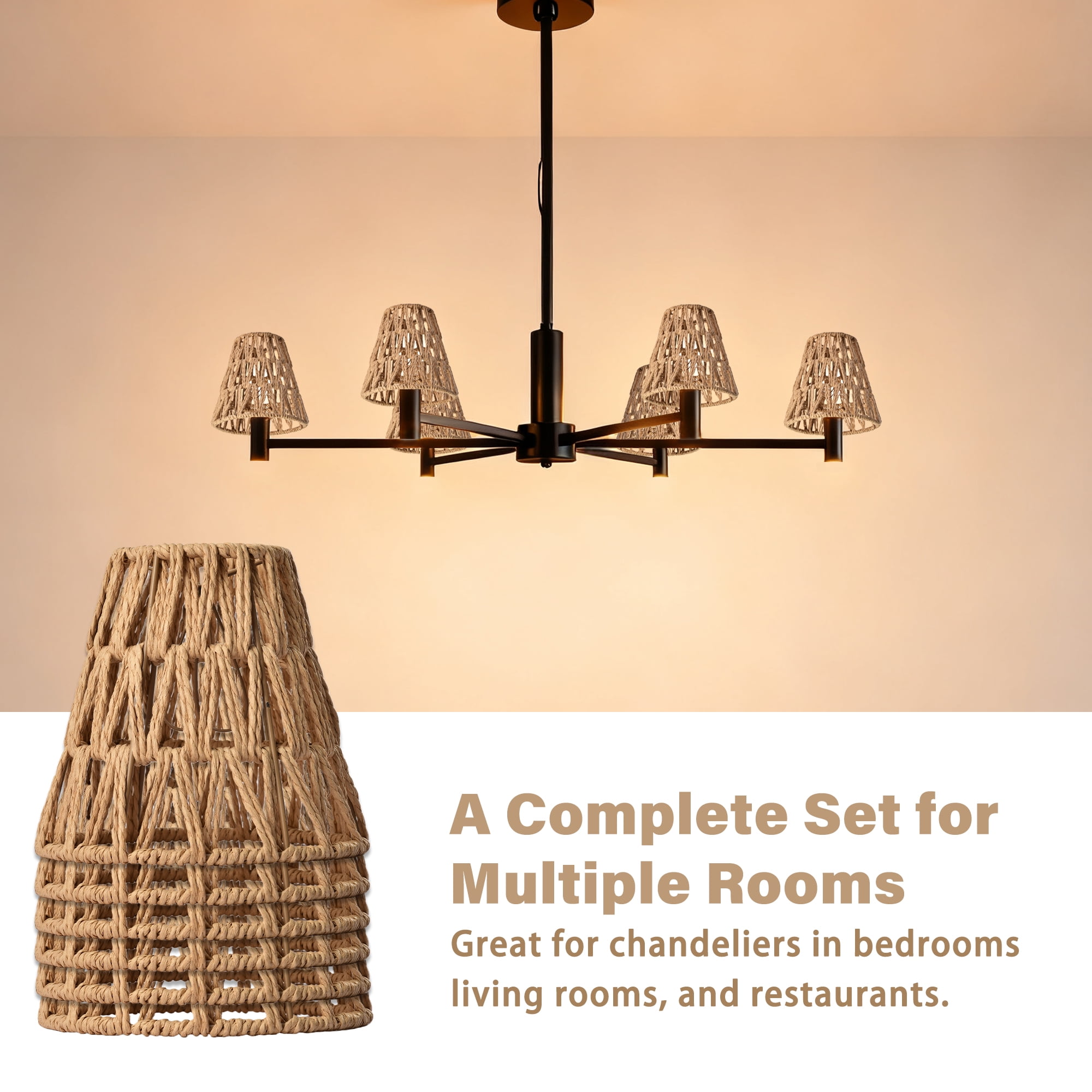 Set of 6 Boho Clip On Chandelier Shades, Mini Handwoven Rattan Style for E12 Bulbs, Natural Hemp Rope for Wall Sconce & Table Lamps