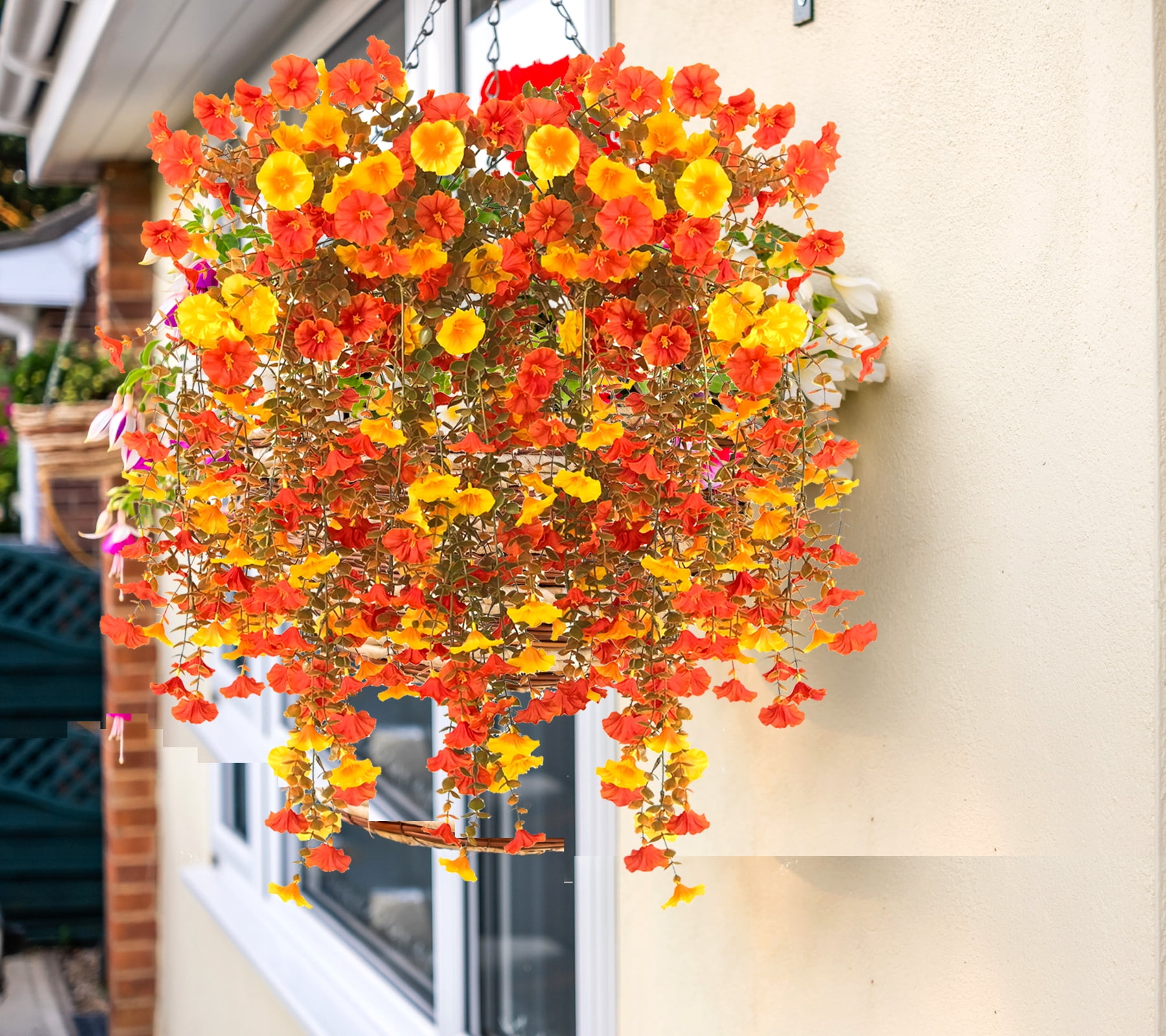 Artificial Fake Mums Flowers Plants for Outdoors, 2 PCS Artificial Hanging Flowers Silk Morning Glory UV Resistant Look Real for Outside Porch Planter Home Decor
