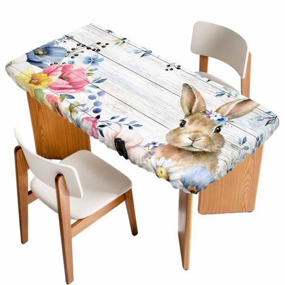 Bunny Easter Table Cloths for 5 Foot Rectangle Tables, Spring Floral Blue Eucalyptus Leaves Wooden Patio Waterproof Elastic Fitted Tablecloths, Washable Rectangular Table Cover for Camping
