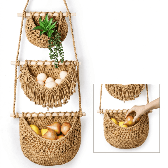 3 Tier Woven Hanging Fruit Basket, Wall Hanging Baskets Fruit Hammock, Vegetable Baskets for Kitchen, Boho Cotton Woven Wall Storage Organizer