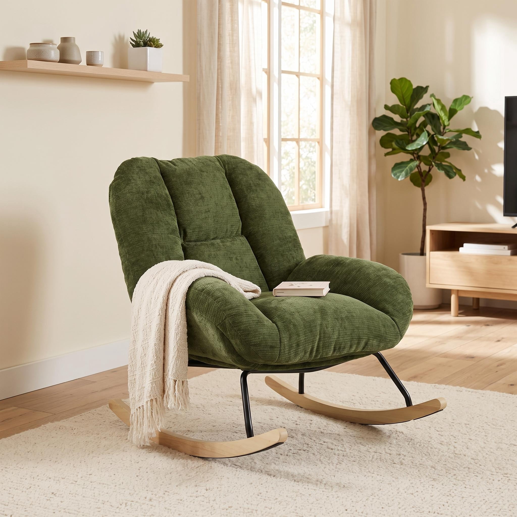 Homy Casa Green Upholstered Rocking Accent Chair, Oversized Lounge Chair with Wood Base