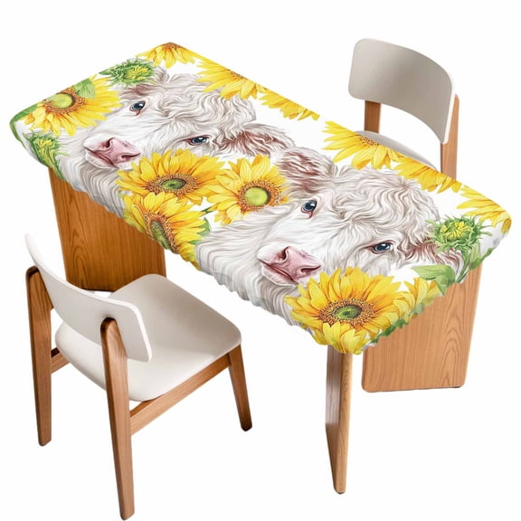 Farmhouse Sunflowers Table Cloths for 3 Foot Rectangle Tables, Spring Country Watercolor Cow Floral Patio Waterproof Elastic Fitted Tablecloths, Washable Rectangular Table Cover for Camping