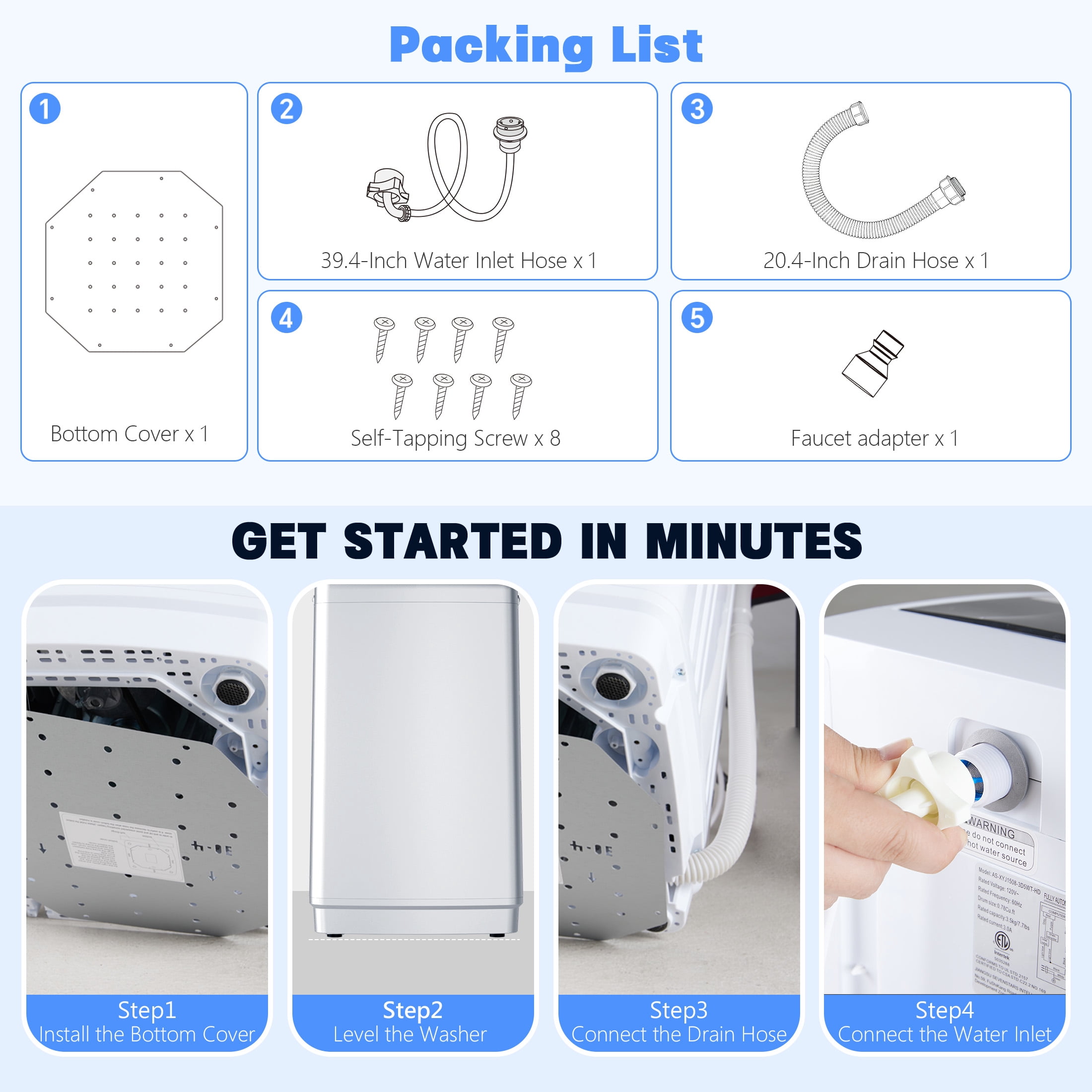 edx Compact Washer, 7.7 LBS Fully Automatic Washing Machine with 10 Wash Cycles, Mini Washer for Homes, Apartments & Dorm Rooms, White