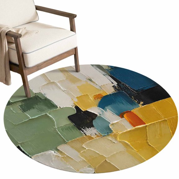 Oil Painting Patches Washable Round Area Rug 3 ft, Minimalist Abstract Green Yellow Blue Block Soft Non‑Slip Rugs Stain Repellent Indoor Mats for Entryway, Bathroom, Bedside, Hallway Nook