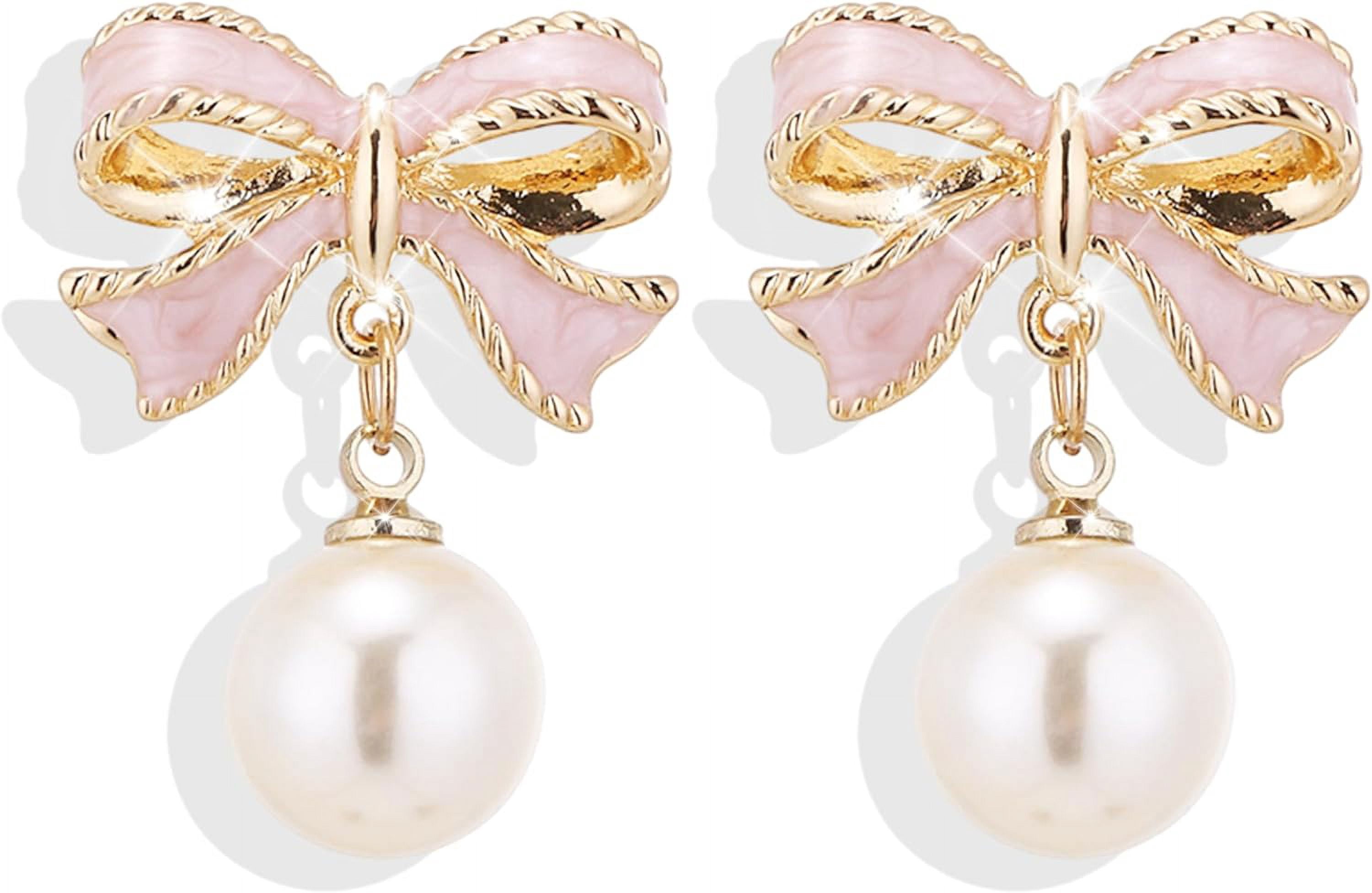Silver Bow Earrings For Women Trendy Stuff Cute Bow Pearl...