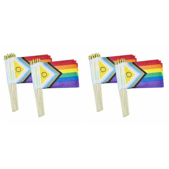 100 Pack Intersex Progress Gay Pride Stick Flag Small Mini Rainbow Hand Held LGBTQ Flags,5x8 Inch