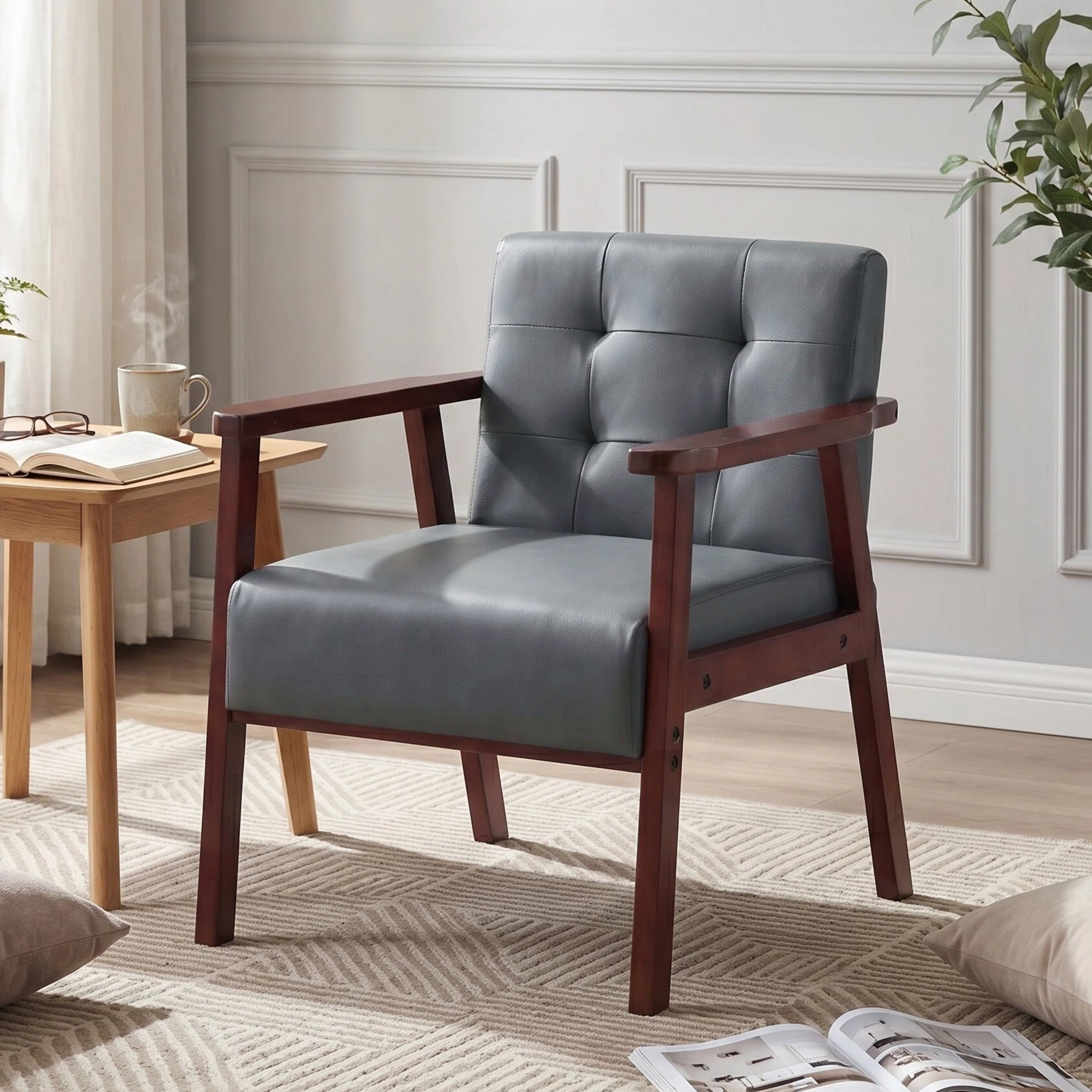 Gewnee 25.39"PU Accent Armchair,Modern Upholstered Armchair with Solid Wood Frame,Comfy Reading Accent Chair for Living Room,Bedroom,Office.Dark Grey