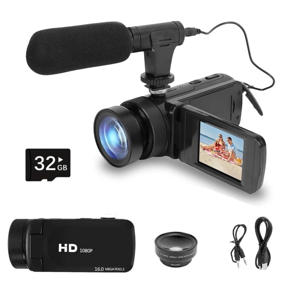 Camlekor 1080P Camera, 16MP 2.4-inch Flip Screen Vlog Camera, 16x Zoom Digital Camcorder (with Microphone), Wide-Angle Lens, Includes 32GB Card