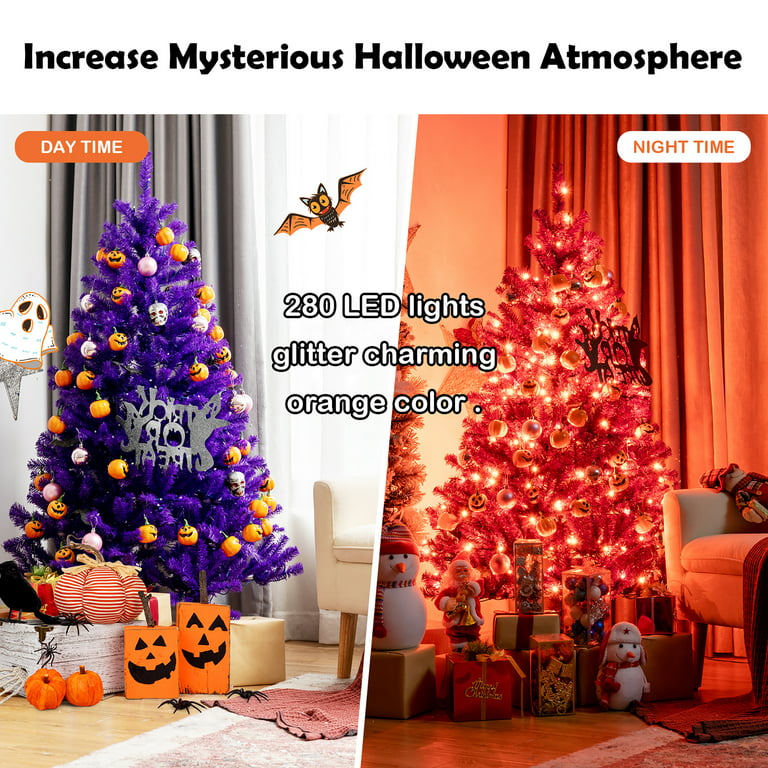 Costway 6ft Pre-Lit Purple Halloween Christmas Tree w/ Orange Lights Pumpkin Decorations