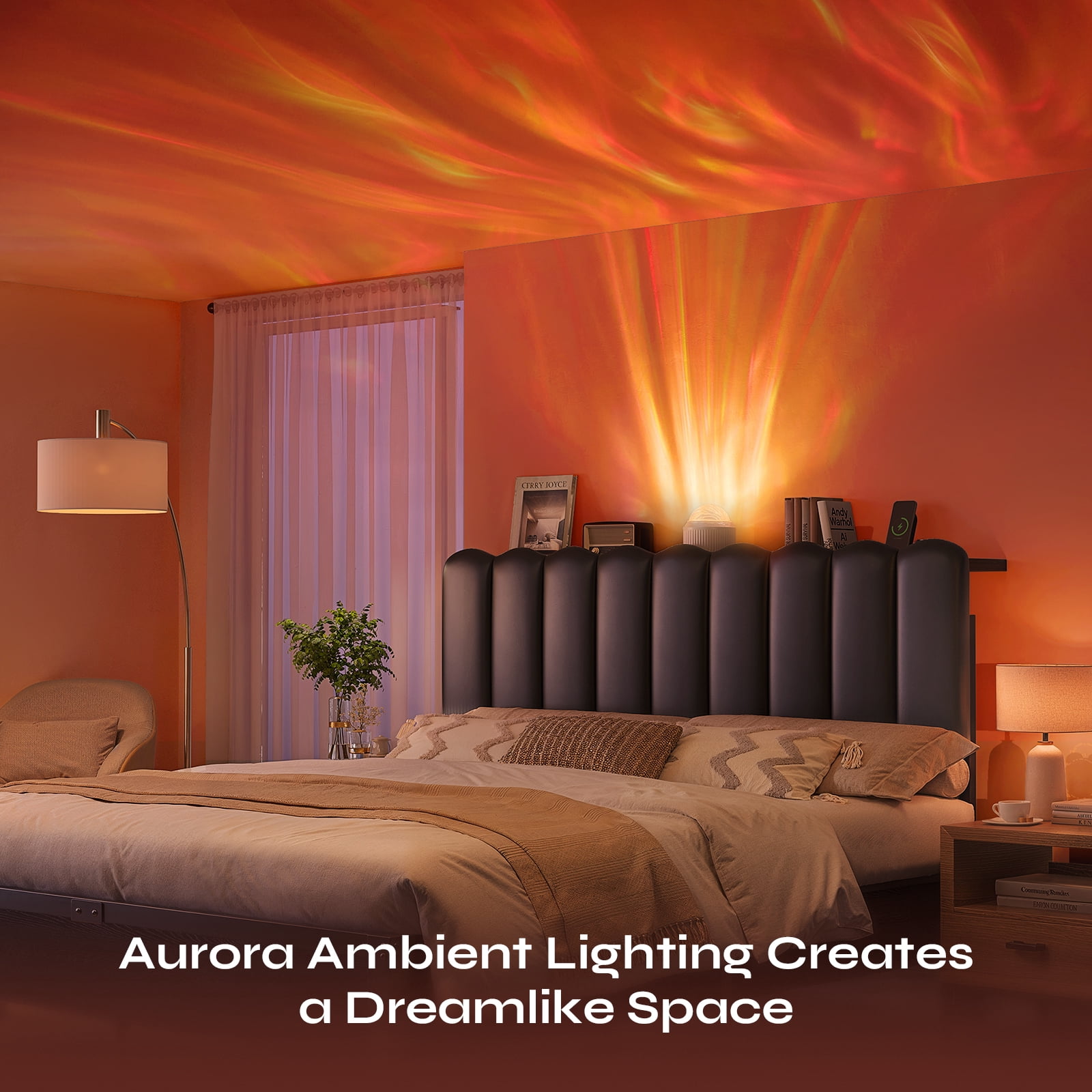 Pinmoco Upholstered Headboard with Storage Space and Charging Station for Full Size Bed, Galaxy Aurora Star Projector, Black PU Leather, Easy Assembly