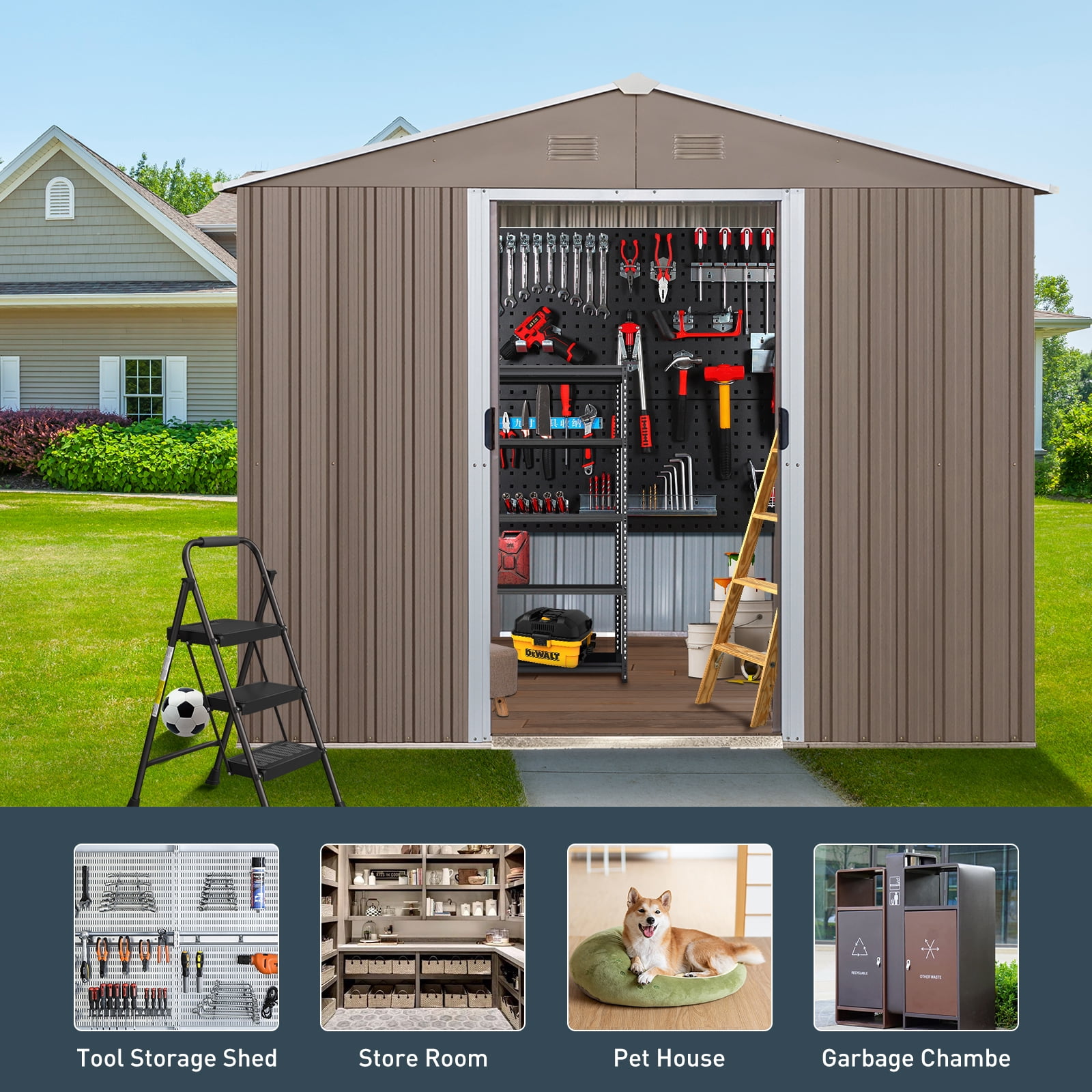 IMagacFun 8x10 Metal Outdoor Storage Shed with Floor Base and Window & Lockable Sliding Doors for Garden Backyard Patio Lawn Gray