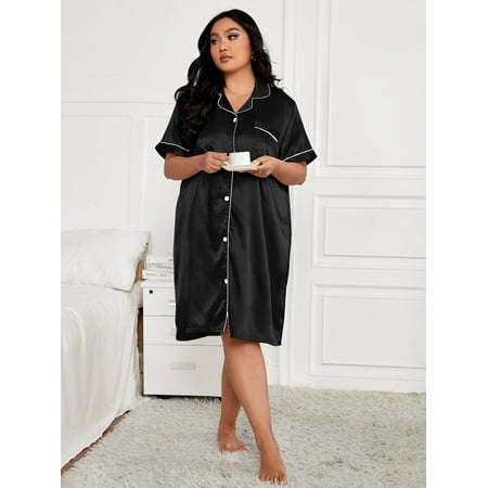 

Women s Plus Contrast Piping Satin Nightdress 5XL(22) Black Simple F22001D