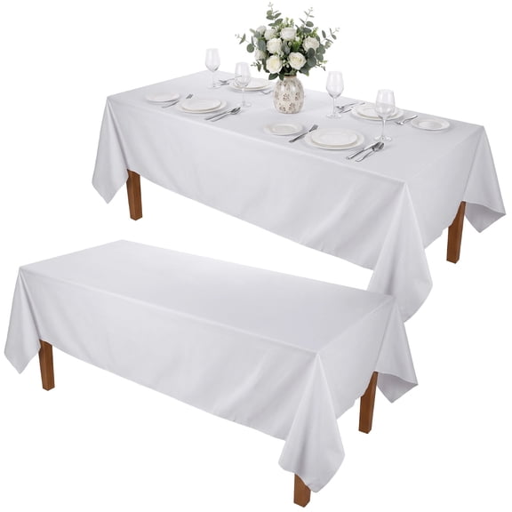 2 Pcs White Table Cloths, Rectangular Polyester Table Covers, Washable Fabric, Low Temperature Ironing, 59 x 100 in for Dining Tables, Weddings, Parties, Buffets, Indoor Outdoor Use