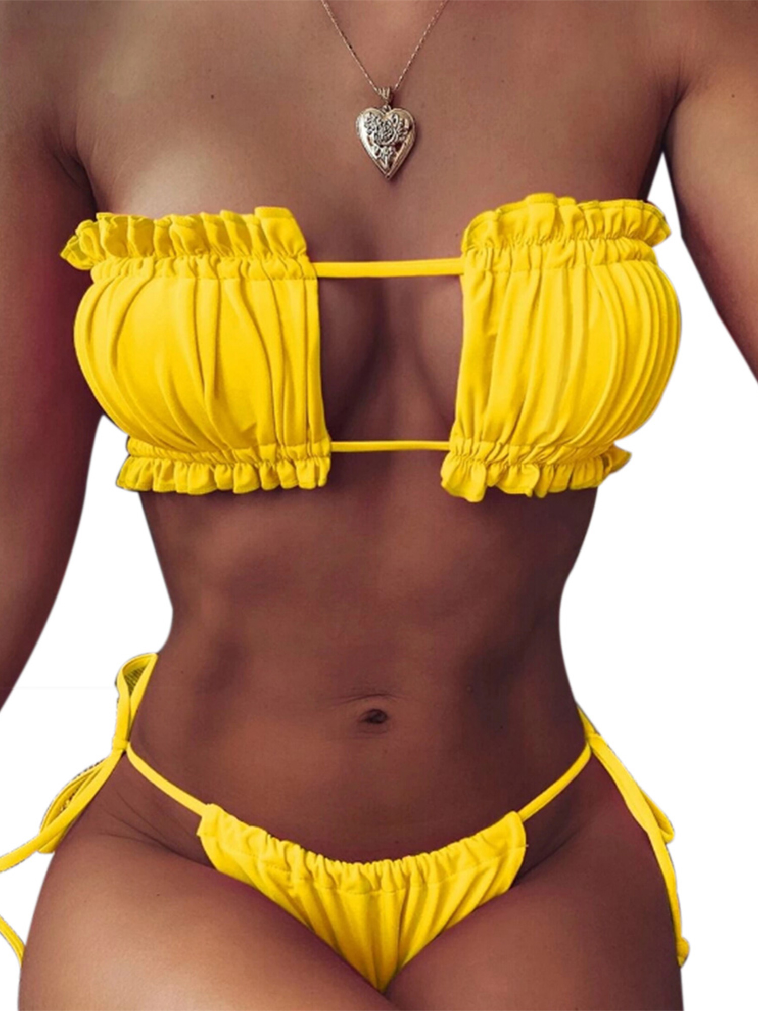 Eyicmarn Womens Girls Strapless Ribbed Tie Back Ruffle Cutout Bandeau Bikini Set Swimsuit - image 1 of 6