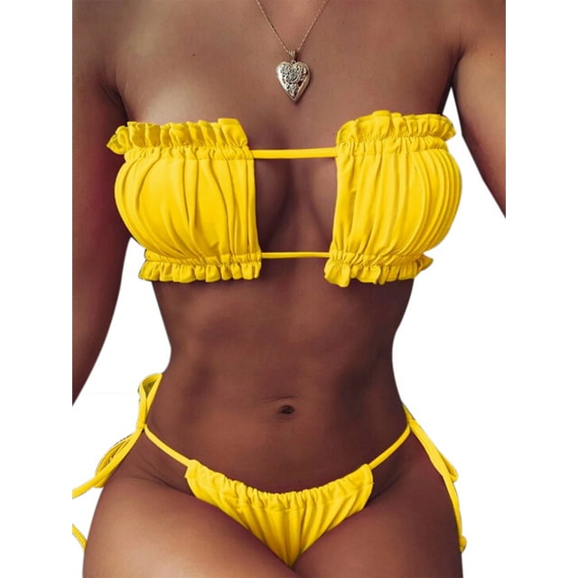 Eyicmarn Womens Girls Strapless Ribbed Tie Back Ruffle Cutout Bandeau Bikini Set Swimsuit
