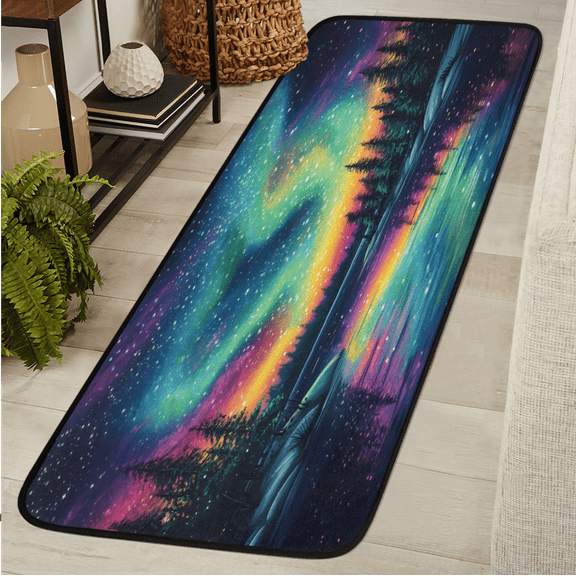 CURLYOOT Northern Lights Forest Runner Rug 2'x6' Washable Kitchen Runner Rug Indoor Non Slip Laundry Rugs Floor Carpet for Hallway Kitchen Entryway Bedroom Living Room