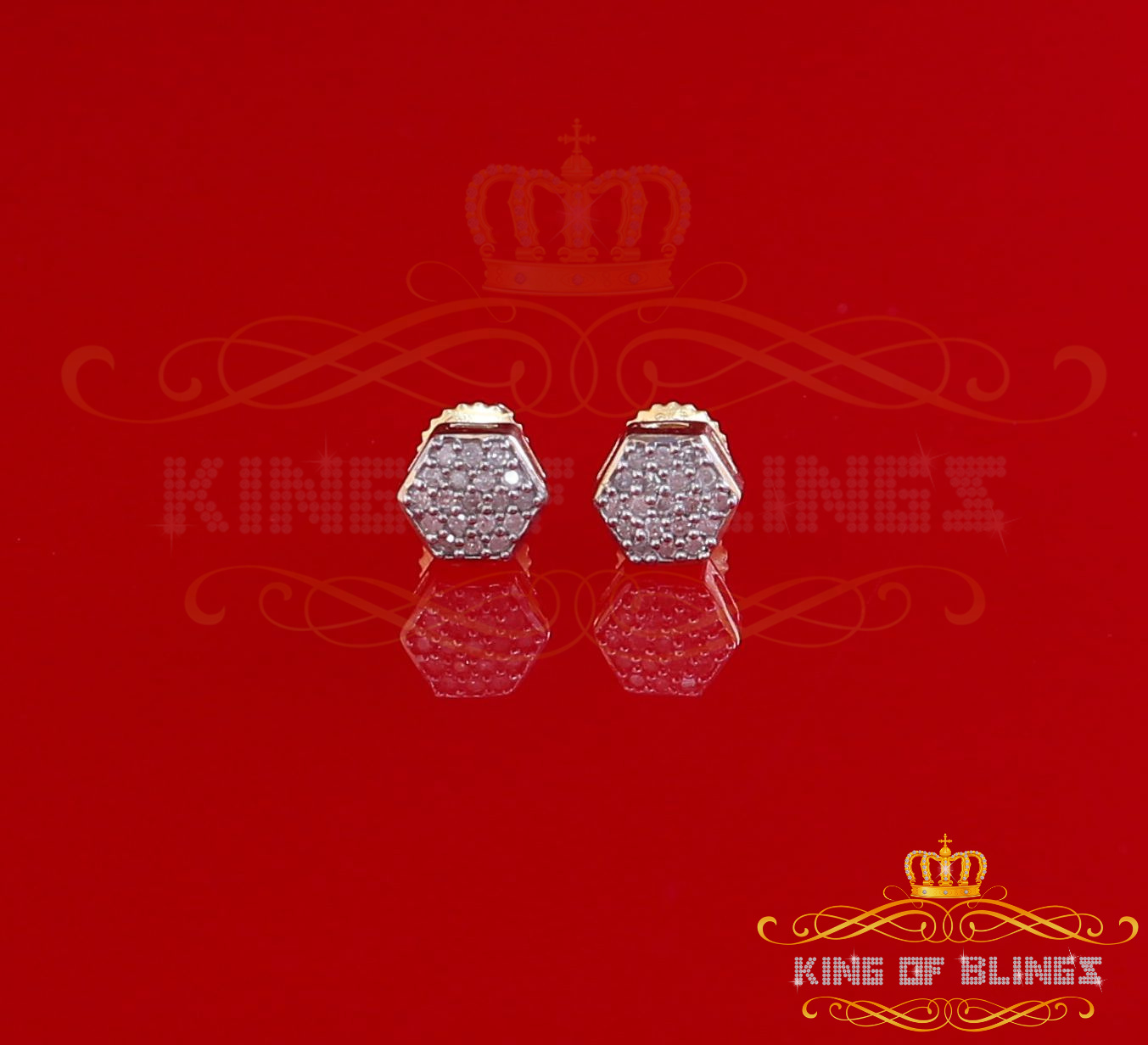 King of Bling's 0.15ct Diamond Stud Hexagon Earrings Yellow 925 Sterling Silver For Men/ Women