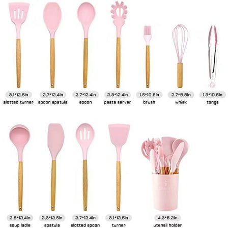 

12-Piece Kitchen Silicone Cooking Utensils Set with Holder Stainless Steel Kitchen Utensils Set(pink)