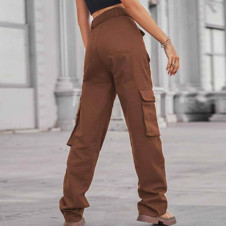 RQYYD Cargo Pants Women Casual Loose High Waisted Straight Leg Baggy Pants  Trousers Lightweight Outdoor Travel Pants with Pockets(Brown,XL) 