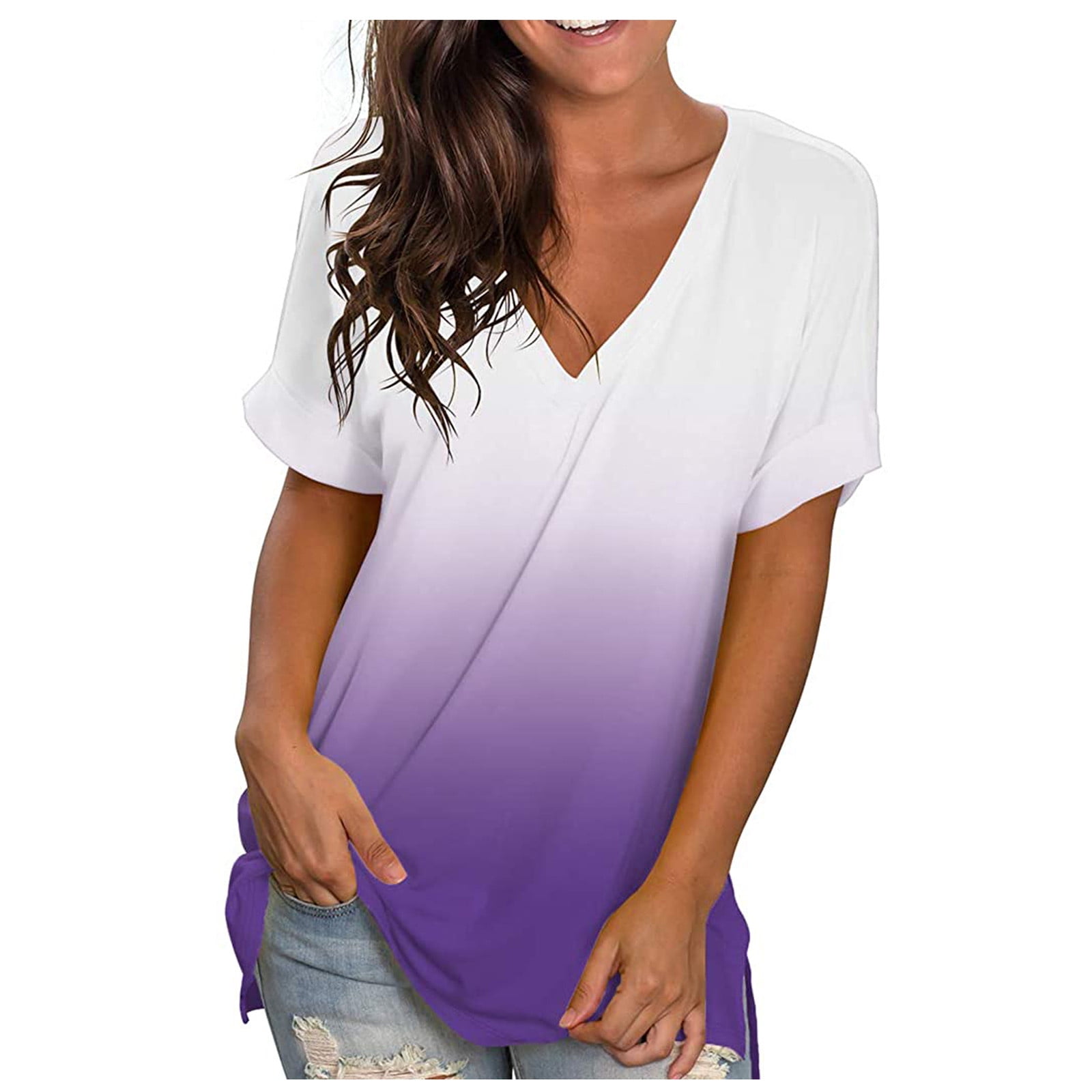 Womens Fashion Gradient T Shirt Casual V-Neck Roll Up Short Sleeve Summer Tops Loose Fit Tie Dye Tunic Blouse Tee