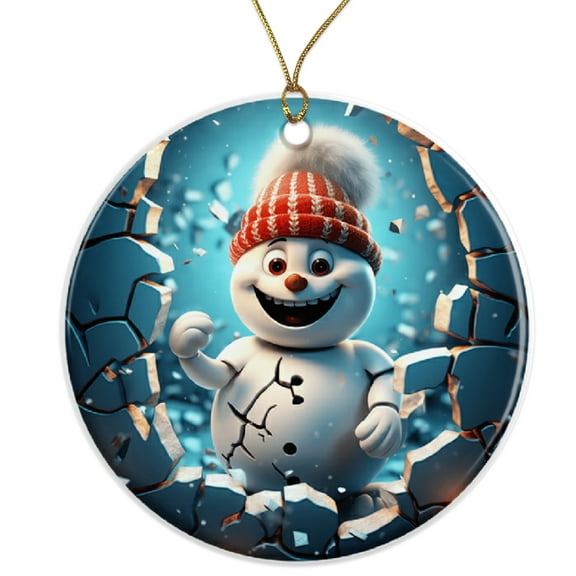 Happy Snowman Ornament - Cute Frosty Design - Unique Winter Holiday Decor - Festive Christmas Seasonal Gift Ceramic Ornament - 3 Inch Christmas Tree Round Ornament - Xmas Holiday Decor ORNW0180