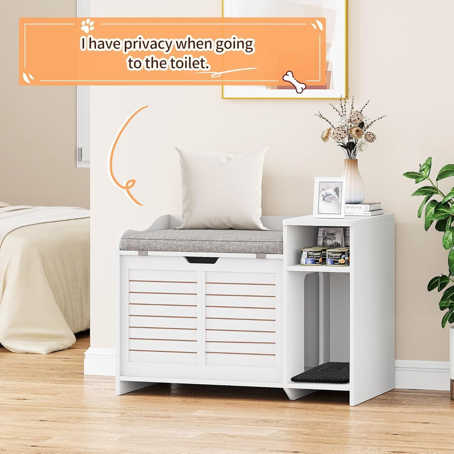 FOLDLIFE Cat Litter Box Enclosure with Top Opening and Cushion, Hidden Cat Litter Box Furniture, Cat Litter Box Cabinet, Cat House, Privacy Wooden Pet Cat Toilet for Kitten,White