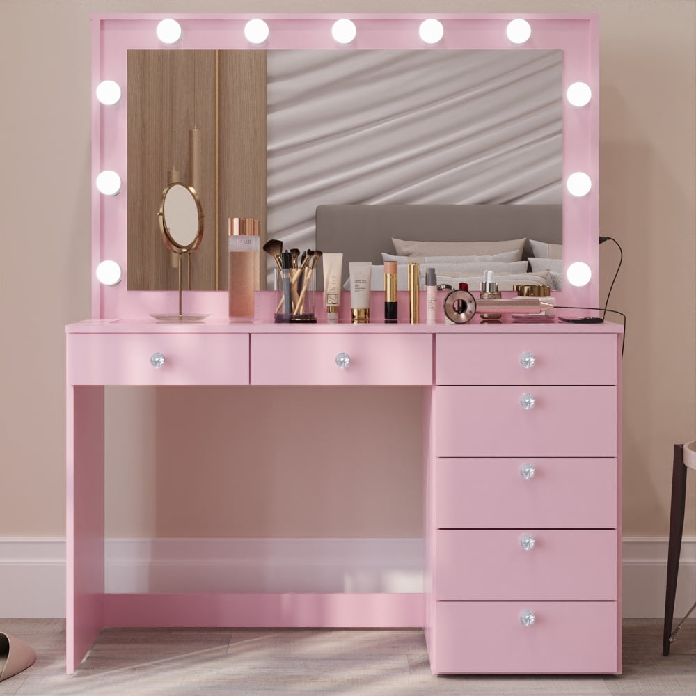 Ember Interiors Pink Makeup Vanity Desk with Lights, USB-C, Glass Top, 7 Drawers