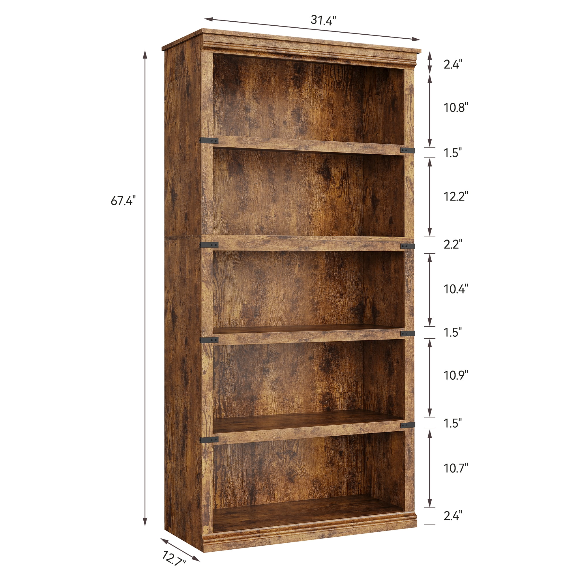 Goldensoil 67" Tall 5 Shelf Wood Bookcase,Farmhouse Floor Standing Display Storage Shelves,Retro