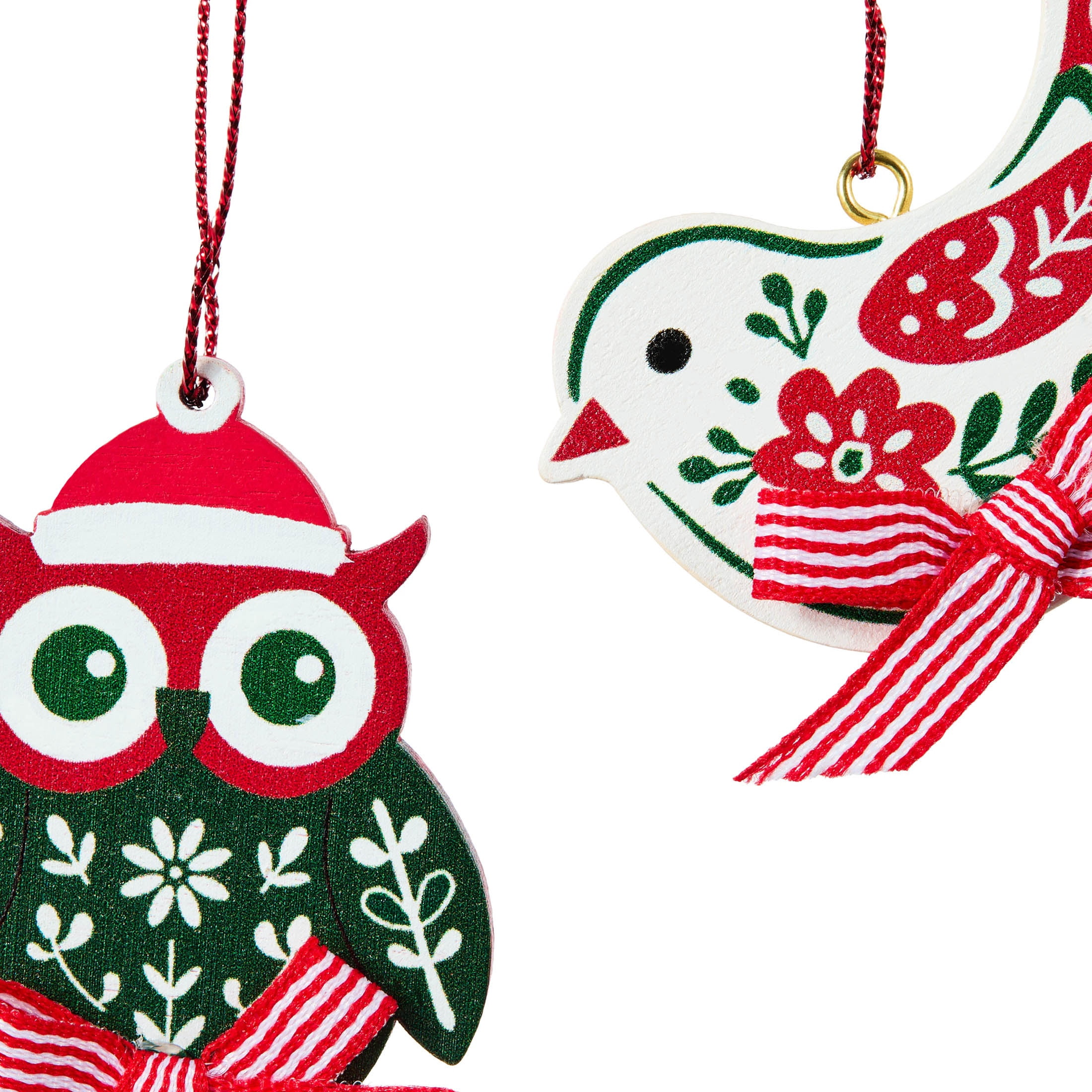 4-Count Red/White/Green Wood Owl and Dove Mini Christmas Ornaments, by Holiday Time