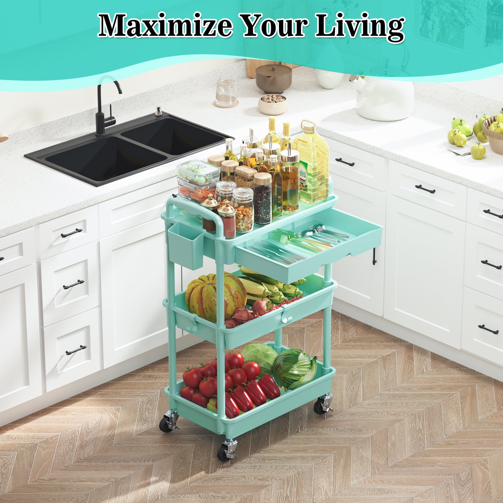 3 Tier Rolling Utility Cart with Removable Drawer, Bathroom Storage Organizer with 2 Lockable Wheels, Mobile Shelving Unit for Kitchen, Office, Snack, Craft, Makeup, Baby Essentials, Blue