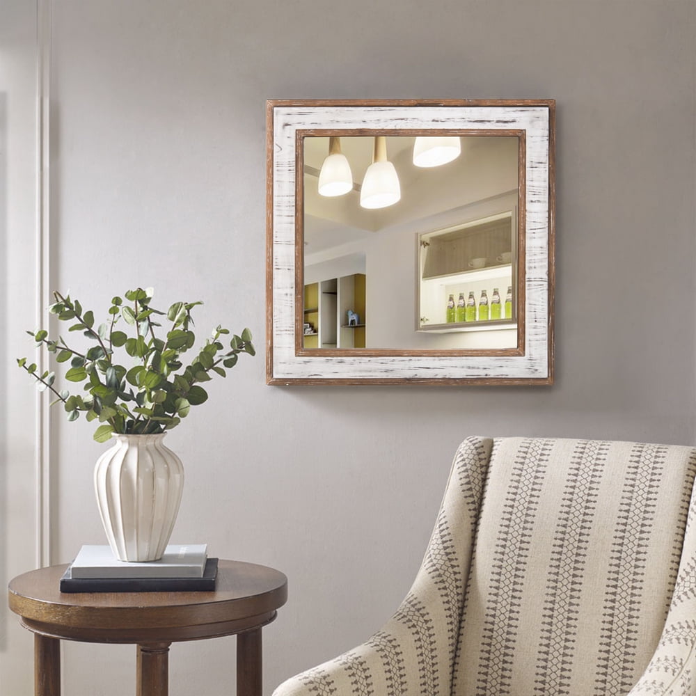Lowestbest Square Decorative Mirror, Retro Style Wrought Iron Farmhouse Wall Mirror for Bathroom, Porch etc, Antique White