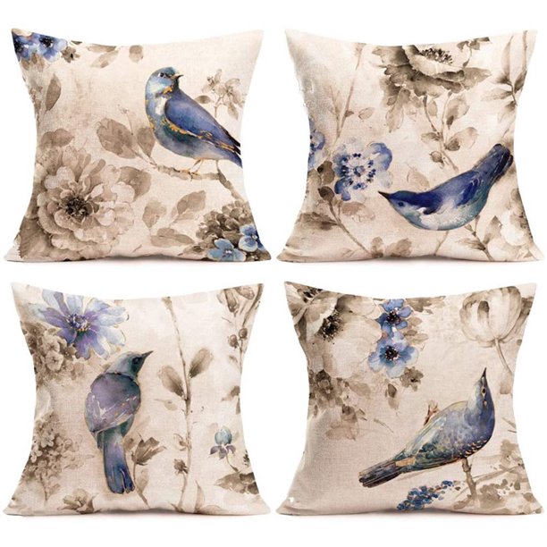 Fundas de cojines Acuarela Tinta Pintura Arte Adorable Animal Gorrión Pájaro Flor Hojas Cojín Funda de almohada Cojines decorativos cuadrados para exteriores Algodón Lino 18'' x 18'' Juego de 4 JAMW Sencillez