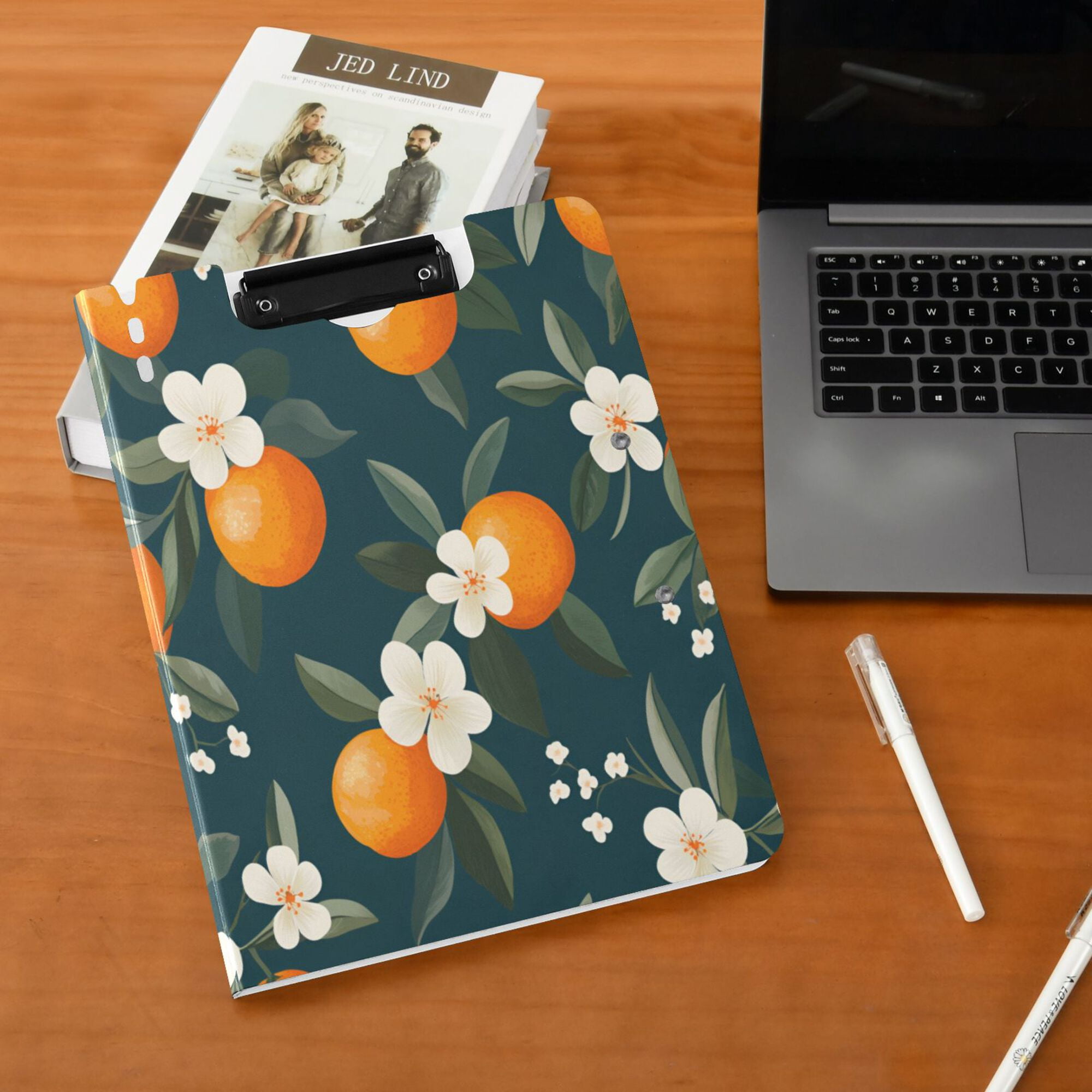 FORMRS A4 Clipboard Folder with Pen Holder Horizontal Foldable School Office Binder, Floral Oranges