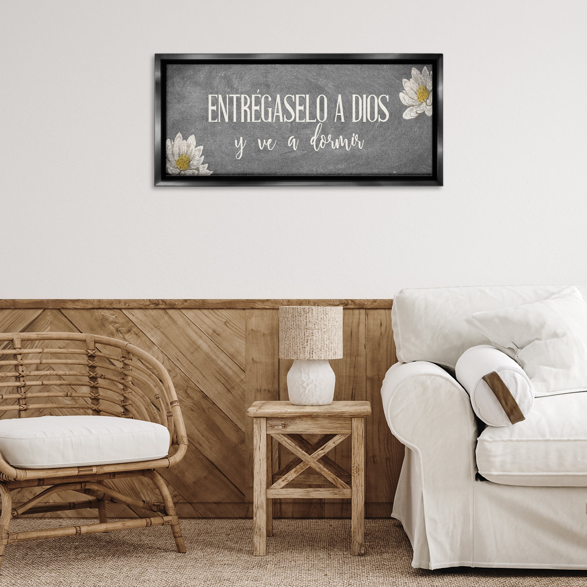 Stupell Industries Entrégaselo a Dios y Descansa Religious Quotes and Sayings Painting Black Floater Framed Art Print Wall Art, 31 x 14