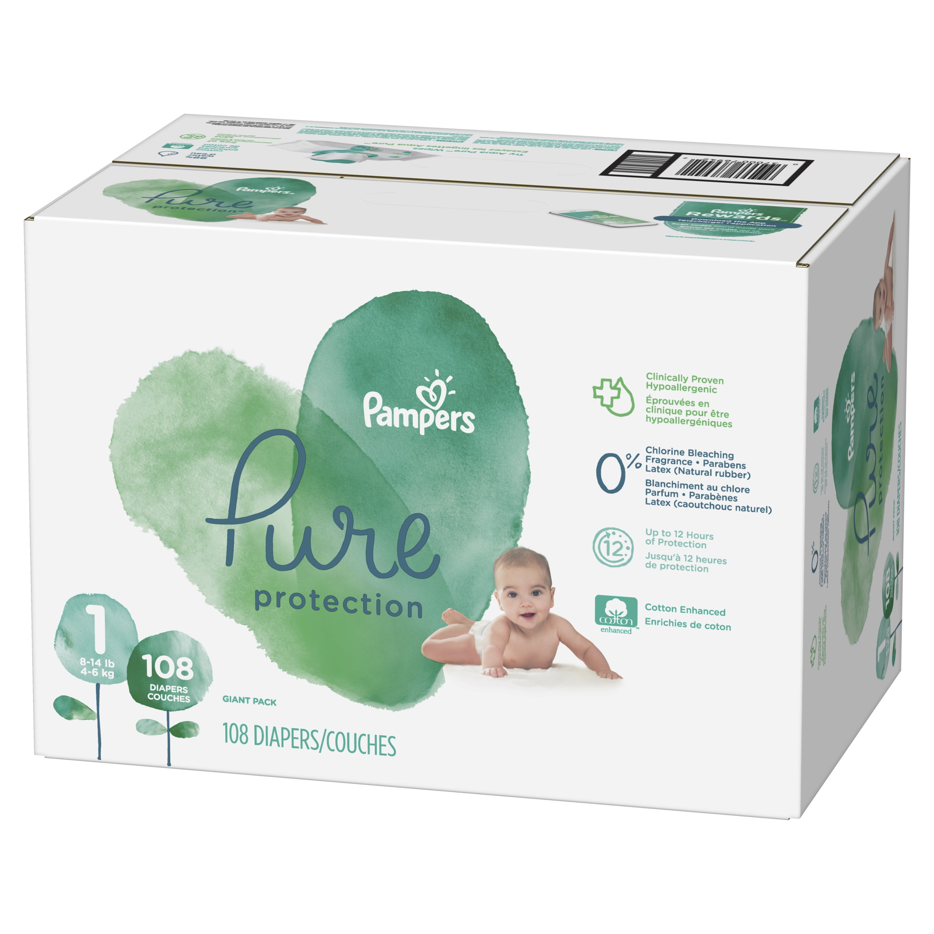 Pampers Pure Protection Natural Newborn Diapers, Size 1, 108 ct 