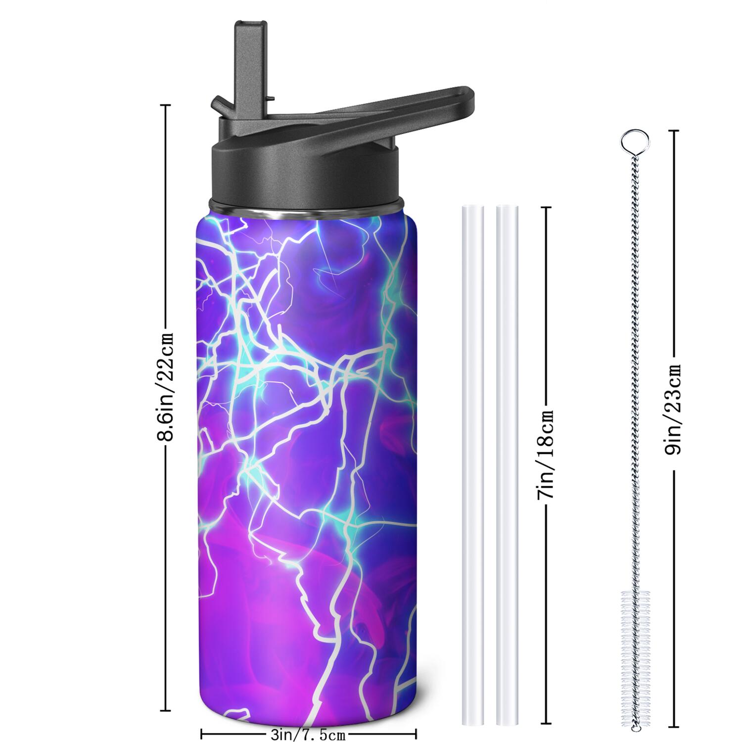 Thunder Insulated Stainless Steel Water Bottle with Straw & Cleaning Brush – 18 Oz | Leakproof, BPA-Free, 304 Stainless Steel, Wide Mouth, Travel Mug for Car, Gym, Office