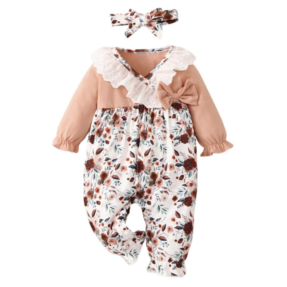 Infant Baby Kids Girls Long Sleeve Ruffle Floral Print Romper Jumpsuit Clothes
