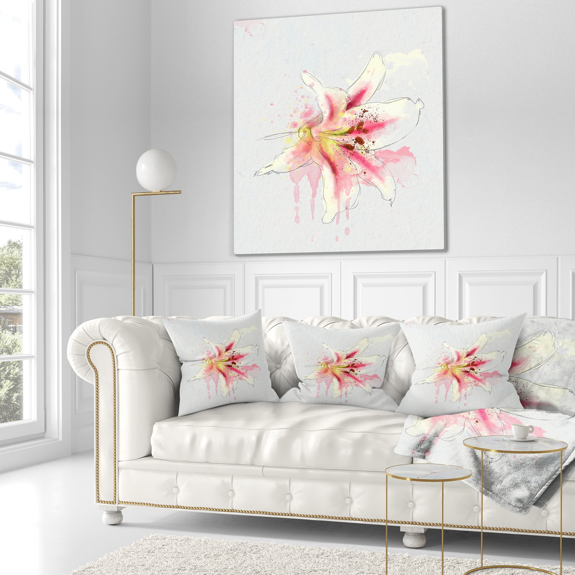 Designart Pink Yellow Lily Watercolor Sketch - Flowers Throw Pillowwork - 18x18