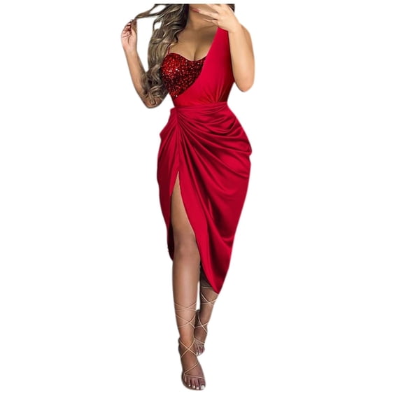 Sequin Slit Maxi Dress, Solid Color Sparkly Bodycon Long Dress with High Slit, Glamorous Gown for New Year's Eve, Prom & Gala Red XL