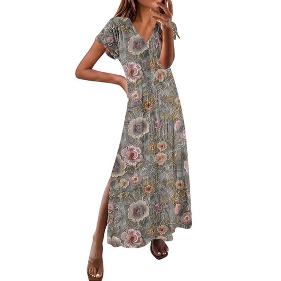 Womens Dress Spring And Summer V-Neck Solid Casual Short Sleeved Long Dress